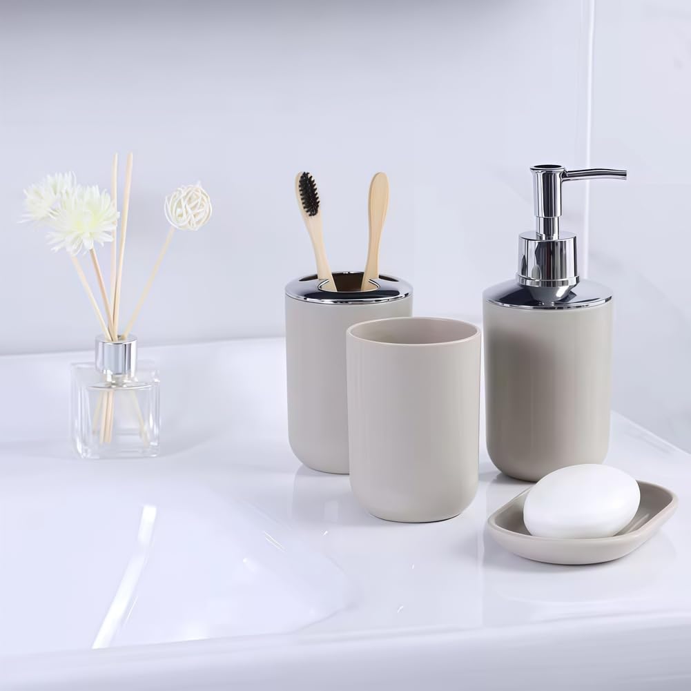 Set Completo di Accessori per il Bagno, Moderno ed Elegante - 6 pezzi, Con Dispenser Sapone, Portaspazzolino, Portasaponetta, Portascopino, Pattumiera, Tazza per Spazzolino da Denti,Verde