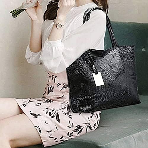 Womens Large Tote Shoulder Handbag Purse Travel Satchel Stylish Fuax Leather Crocodile Hobo Top Handle Bag - Image 2