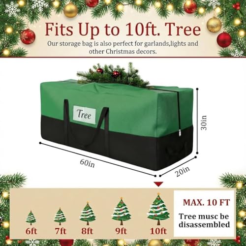 Image of Christmas Tree Storage Bag, Fits 10-12 Ft Artificial Trees, Green | Wide Dual-Zipper Opening, Reinforced Handles, Clear Label Pocket, Tear-Resistant 600D Oxford, Dust and Moisture Protection