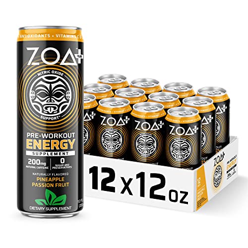 ZOA Plus Sugar-Free Pre-Workout Energy Drink Supplement, Pineapple Passion Fruit, 12 fl. oz. (12 Pack) - Nitric Oxide Support, Vitamin C, Vitamin B & 200mg Natural Caffeine