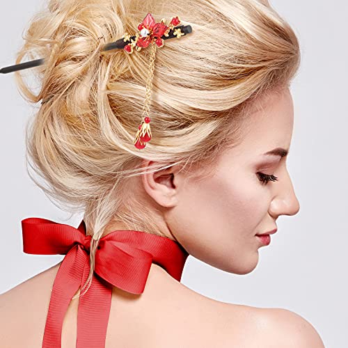 6 Pieces Japanese Chinese Hair Stick Retro Wooden Hairpin Vintage Flower Hair Chopsticks Handmade Wood Red Tassel Hair Pins Classic Hair Accessories For Women Girl Long Hair #TOP2