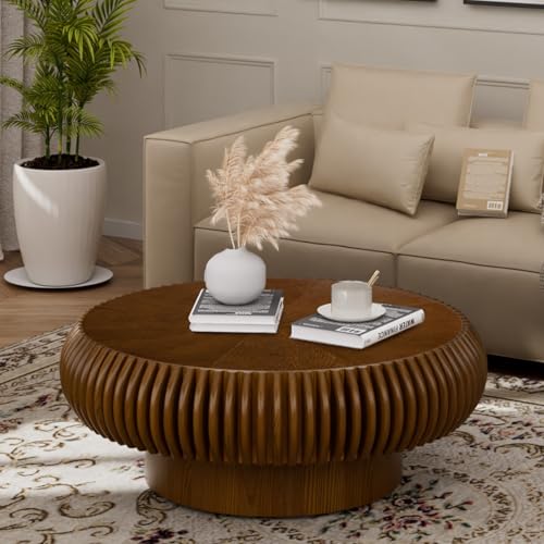 YYZIWYUN Round Fluted Coffee Table Wood Circle Coffee Tables for