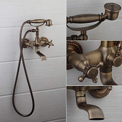 Robinet de baignoire à double poignée mural en laiton avec douche vintage - 5