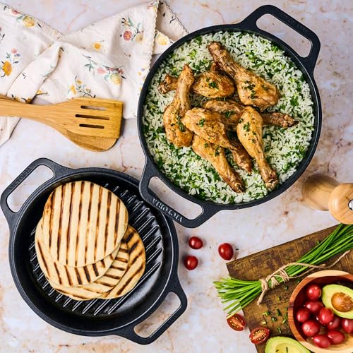 Image of Victoria 6-Quart Cast Iron Combo Cooker, Combination Dutch Oven and Skillet, Made in Colombia, 2-Piece Set