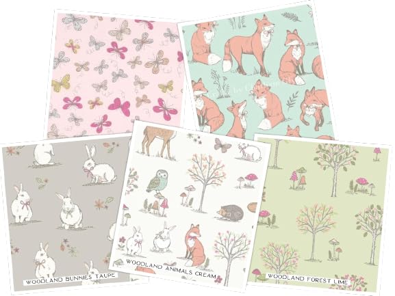 Woodland Forest Animals Fat Quarters (50cm x 68cm) Pack of 5 100% Cotton Lifestyle Craft Fabric Bundle Material Children's Baby Clothing, Nursery Quilting