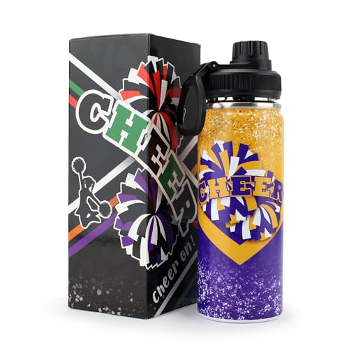 BMHHTM Cheer Water Bottle for Girls 18 oz Insulated Stainless Steel Sports Bottle with Handle Cheerleader Gift Bulk for Team Squad Gifts (Gold Purple)
