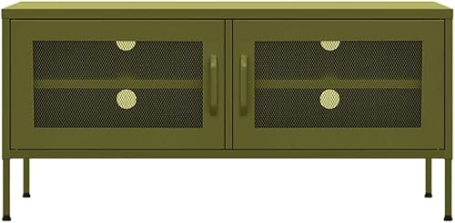 Miniatura 3 de GOLINPEILO Armario de almacenamiento de TV de acero con 2 puertas de malla, consola multimedia de metal centro de entretenimiento con armarios de