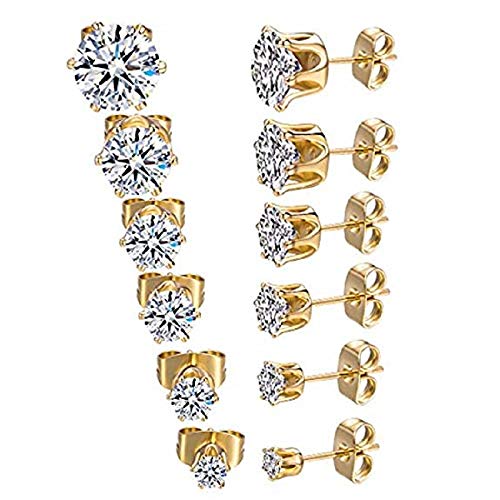 6 Pairs 18K Gold Plated CZ Stud Earrings Simulated Diamond Round Cubic Zirconia Ear Stud Set 3mm-8mm (Gold)