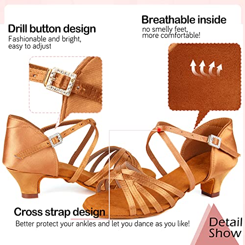 TINRYMX Girls&Women Latin Dance Shoes Silk Ballroom Salsa Tango Professional Performance Practice Dance Shoes, ZSXGG-Brown-4,US 12.53