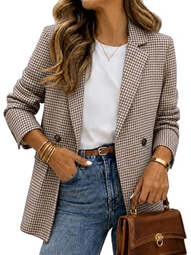 Image of ELLEVEN Women's Oversized Boyfriend Blazer, Plaid Tweed Jacket Fully Lined - Fall Winter Elegant Coat for Work Office, Light Brown Houndstooth, L