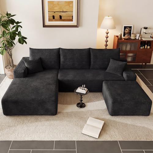 Image of 95 inch Boneless Cloud Couch Sectional Couches Sofa for Living Room | Modular U-Shaped Couch, Comfy Modern Corduroy Memory Foam Sofas with Ottoman, Oversized Chaise (Black, Left-Facing Chaise)
