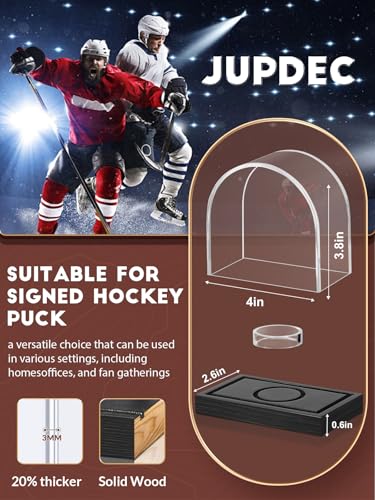 Image of Hockey Puck and Collectibles Display Case, Premium Acrylic Clear Box Puck Holder with Mahogany Wood Base, Showcase for Autographed Souvenir Memorabilia, Collectible Figure Stand, Black