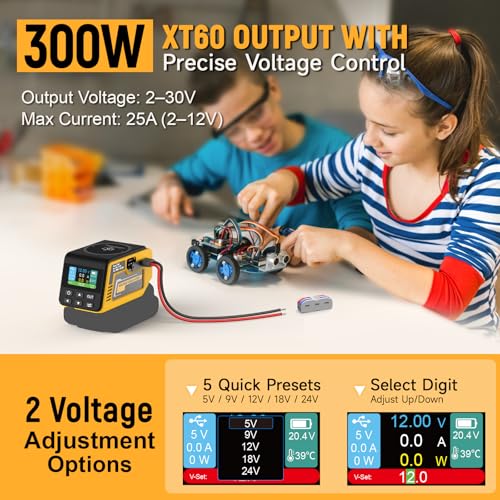 Image of Kzreect 300W Adjustable 2-30V Voltage Regulator Compatible with Dewalt 20V | 300W XT60 Output, 140W USB-C PD3.1, LCD Display & 15W Wireless Charging (Battery Not Included)
