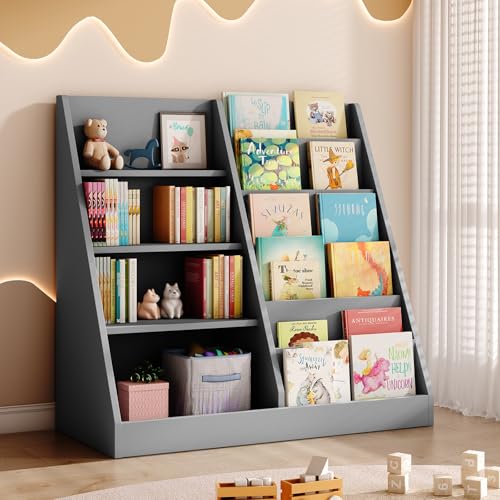 Image of Tatub 6 Tier Kids Wooden Bookshelf and Toy Storage, Children Toy Organizer with Book Shelves, Toddler BookRack Baby Bookcase for Nursery, Playroom and Classroom, Gray