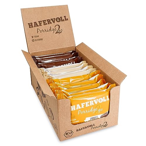 HAFERVOLL Porridge2go Mixbox, 3 Riegel: Sorten Erdnuss, Haselnuss und Mandel-Kokos, 13 x 55g Müsliriegel, Bio-zertifiziert, Vegan, ohne Zusatz von Zucker, mit Nussmus