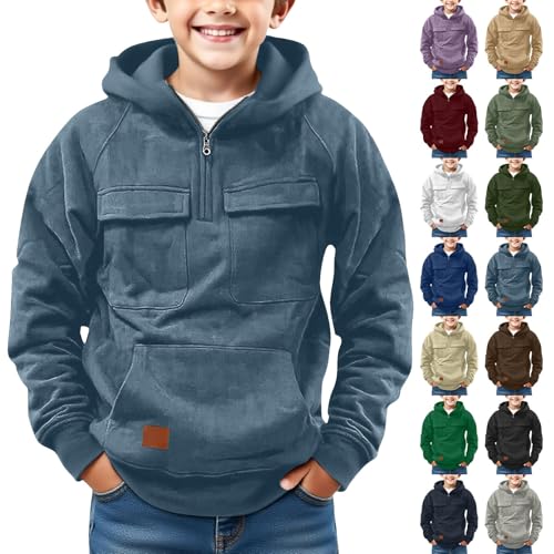 Cargo Hoodies for Teen Boys Corduroy Quarter Zip Up Pullover Sweatshirt Kids Western Lightweight Hooded with Pockets