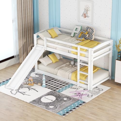 Litera De Madera 90x200 cmCon Tobogán, Escalera Intercambiable, Barandilla Alta, Formato Cama Litera Compacta, Ideal para Techos Bajos En Habitación Juvenil Completa
