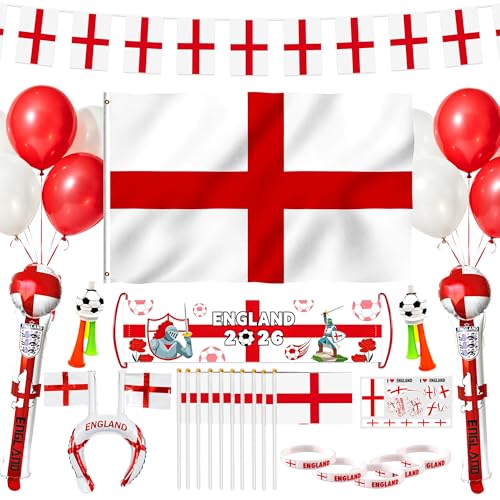 Ceerluces England Party Decorations England Bunting and Flags Hand Wave Flags Bracelets Inflatable Foil Headband and Cheerstick for Home Office Bar Garden World Football 2026 Cup Decorations