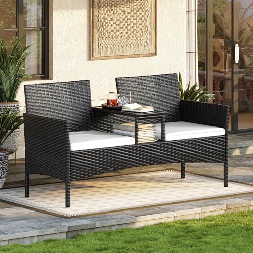 Aoxun 2-Sitzer-Gartenbank aus Rattan extrabreite Outdoor-Zweisitzerbank mit seitlichem Ablagetisch bequemes Terrassenmöbel-Set mit Kissen und Regenschutz für Garten Balkon (Cremefarben)