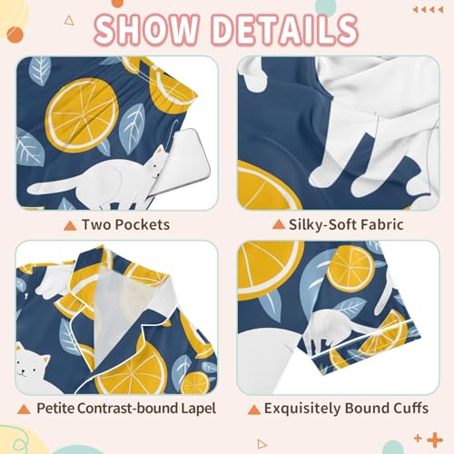 senya Cat on Lemon Background Satin Summer Pajama Sets Silk Short Sleeve Button Down Sleepwear3