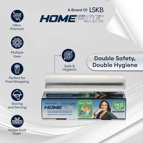 Image of HOMEFOIL 2-in-1 Paper & Silver Converted Aluminium Foil (1 KG Net) for Food Packing | Keeps Food Fresh | Ideal for Food Wrapping, Packing, Storing and Serving | 62.13 Meter Net Guaranteed Length