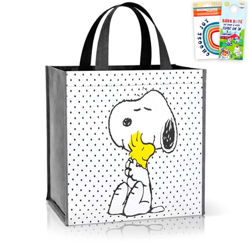 Snoopy Tote Bag Set - Bundle with 12x3x10 Double Sided Peanuts Tote Bag Plus Decals More | Snoopy Reusable Bag for Groceries