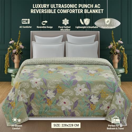 Image of Home Stylish Luxury Ultrasonic Punch AC Comforter Blanket - Quilted Microfiber Floral Pattern, Lightweight Breathable Hypoallergenic All‑Season Blanket for Bedroom,Travel (228x228 Cm) Green White Rose
