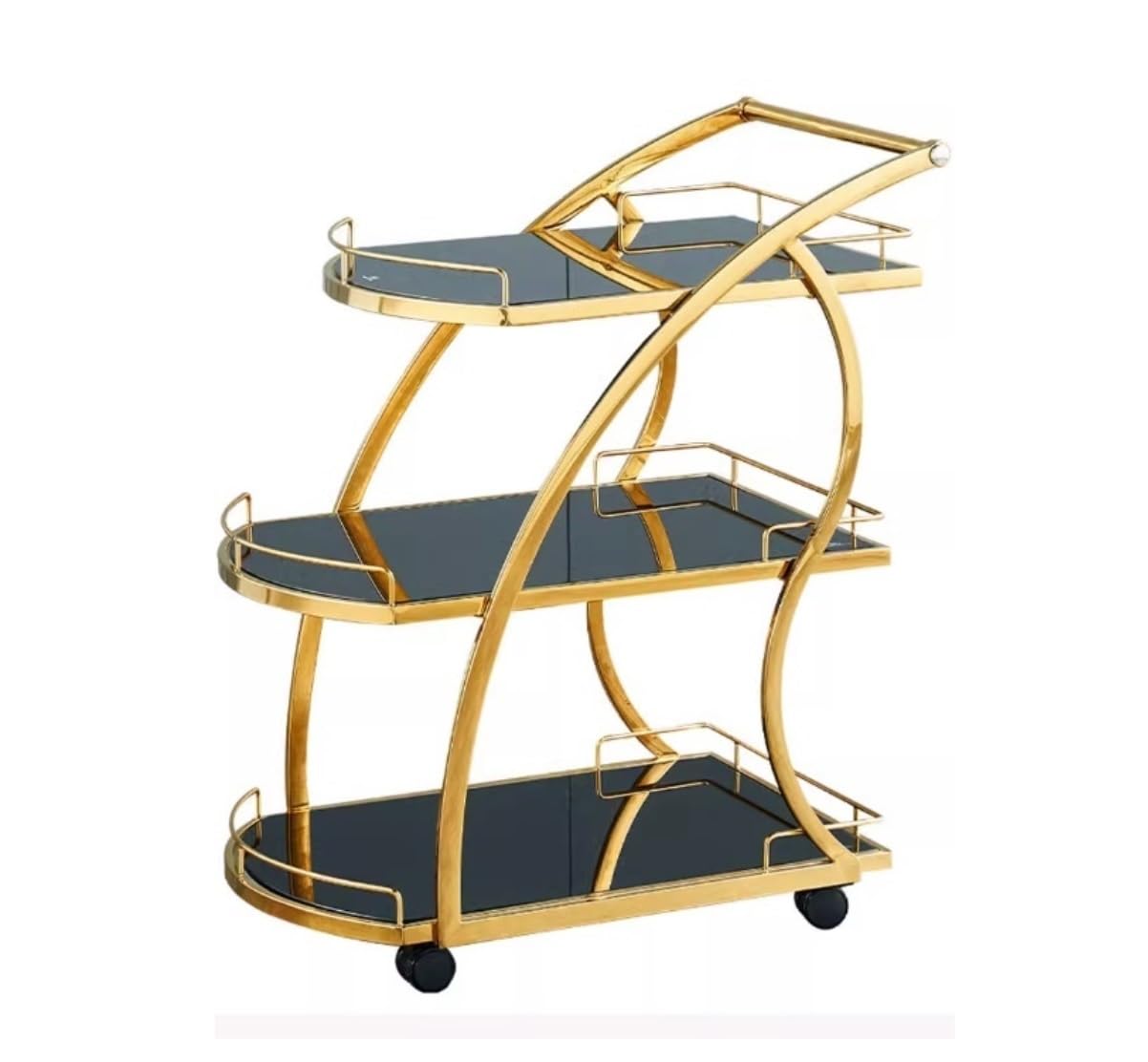 Carrito de Servicio de Acero Inoxidable de 3 Niveles con Ruedas, estantes de Vidrio Templado, Carrito de Cocina Compacto, Carrito utilitario móvil con asa para el hogar y el Comedor (Dorado