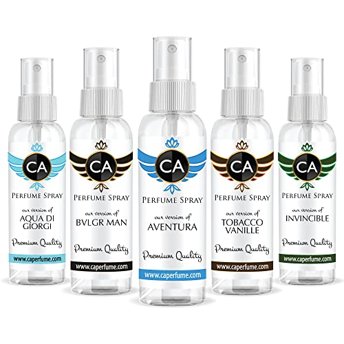 CA Perfume All Time Classic Men Set Impression of (Aventura + Aqua Di Giorgi + Invincible + Bvlg Man + Tobacco Vanilla) Replica Fragrance Dubs Sample Travel Size Parfum Sprayer (2 Fl Oz/60 ml) x 5