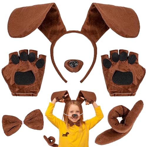 Set di 5 Accessori per Costume da Cane, Cartone Animato Orecchie Cucciolo, Naso Finto, Coda, Guanti, Papillon, Costumi per Cagnolino per Adulti e Bambini, Bassotto Costume Carnevale per Cosplay, Feste