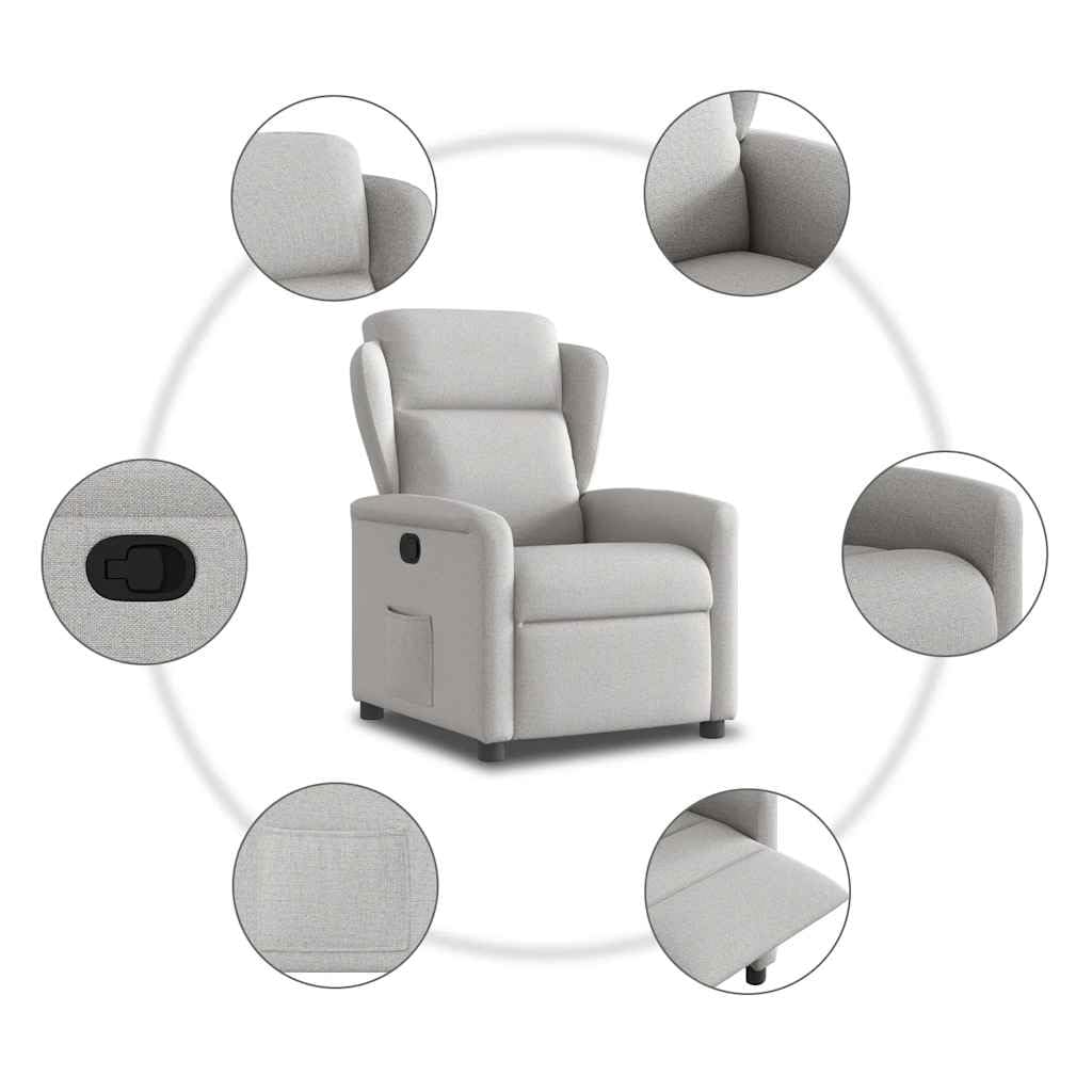 Fotel relaksacyjny w kolorze szarego materiału z regulowanym oparciem i podnóżkiem, stabilna rama drewniano-metalowa, ergonomiczna tapicerka do salonu, biura, czytania i relaksu
