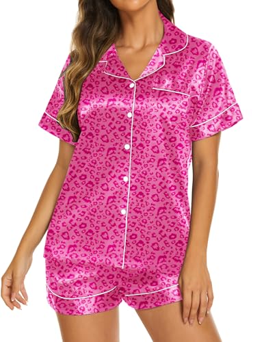 Image of Ekouaer Silk Pajamas for Women Short Sleeve Sleepwear Soft Button Down Loungewear 2 Piece Satin Pjs Shorts Set