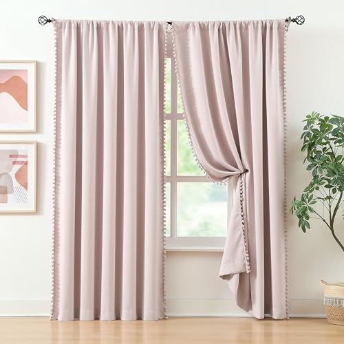 Image of Treatmentex Pink Half-Blackout Curtains 54 inch Pink Pompoms Curtain Panels for Nursery Room Darkening Thermal Curtain Drapes for Baby Girls Rod Pocket 2pcs