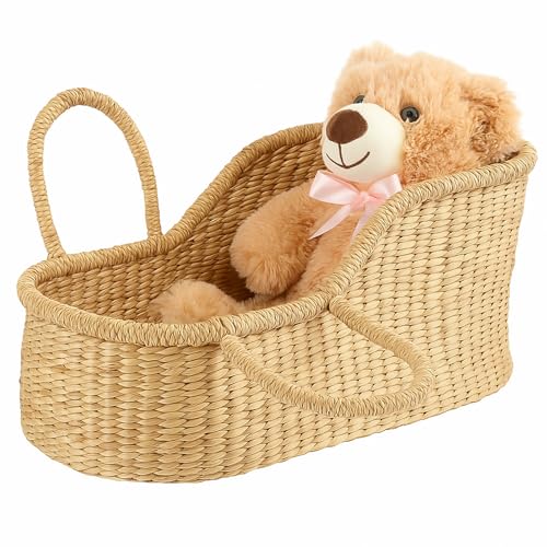 Yalikop Doll Bassinet Handwoven Seagrass Moses Basket Portable Doll Carrier Natural Wicker Bassinet for Plush Bears, Shower Gift Decor, Photo Prop,...