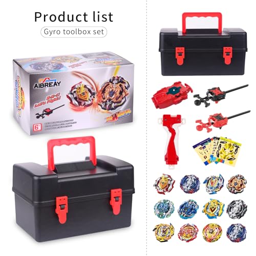 AIBREAY Burst Gyro Toy Set, 12 Spinning Battling Tops, 3 Launchers and 1 Grip, Blade Combat Battle Game with Portable Storage Box, Starter Pack Gift for Kids Children Boys Ages 6+ - Thumbnail 5