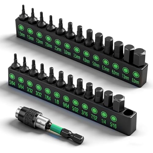 SWANLAKE 26-Piece Hex Head Allen Wrench Drill Bit Set 1/4 Hex Shank Quick Change Bit Holder Metric (1.5mm - 8mm) and SAE (5/64 - 5/16) S2 Steel Hex Bits Set