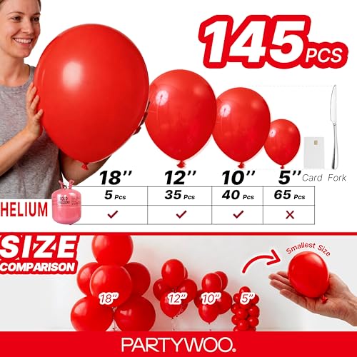 Image of PartyWoo Red Balloons 145 pcs Different Sizes of 18 12 10 5 Inch Red Balloon Arch Kit Garland for Birthday Graduation Bachelorette Citizenship Anniversary Cherry Casino Theme Party Decorations Red-Y57