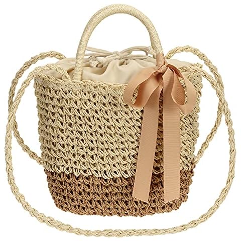 So'each Women's Small Color Matching Bow Wicker Woven Rattan Straw Tote Shoulder Bag, Beige, M Cover
