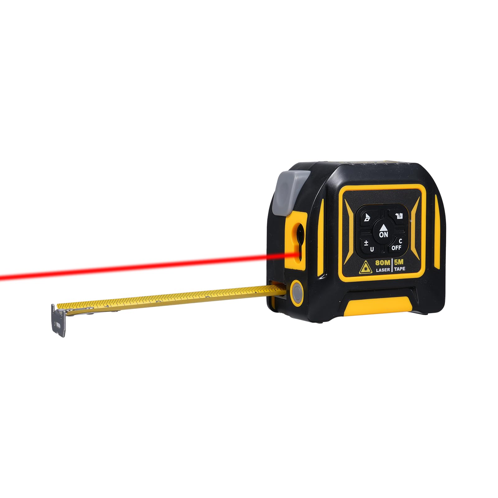 Mètre Ruban Polyvalent 2 en 1 avec Unités Commutables, Haute Précision, ABS Jaune/noir, Mètre Ruban en Acier 5M, 6 Modes, écran rétroéclairé, pour Professionnels/bricoleurs (80M)