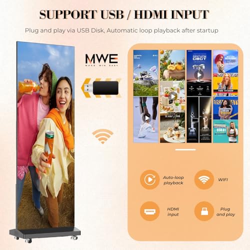 Image of MWE 80 inch P1.86 Spliceable LED Poster Screen with Flight Case, Foldable LED Digital Signage Display Kiosk with Publishing System, Portable Digital Poster for Events and Rentals (2 Panels), Black