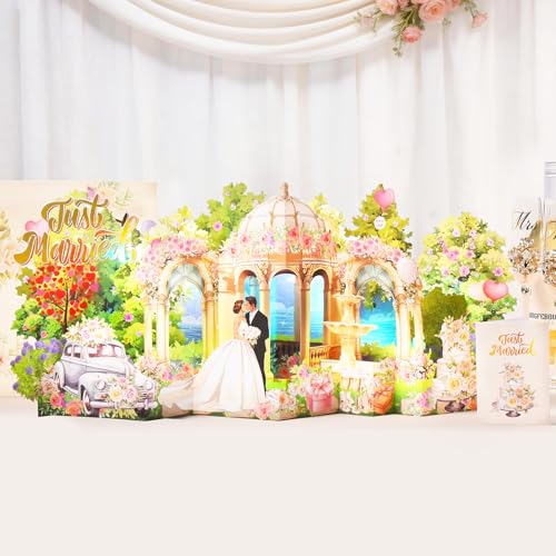 Image of Pop Up Wedding Card, Musical Light Up Just Married Cards for Bride & Groom | 3D Large Accordion Style Wedding Greeting Card, Romantic Paper Wedding Decoration Keepsake Gifts for Bridal Shower Engagement
