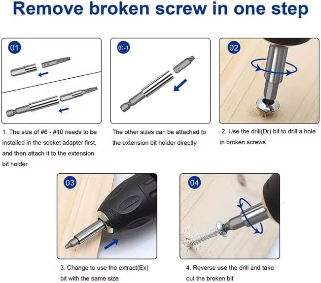 Miniatura 4 de Juego de extractor de tornillos y removedor de pernos de 33 piezas, kit de extracción de tornillos dañados, pelados y rotos con extensión de enchufe