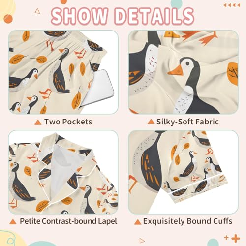 senya Duck and Leaves Satin Summer Pajama Sets Silk Short Sleeve Button Down Sleepwear3