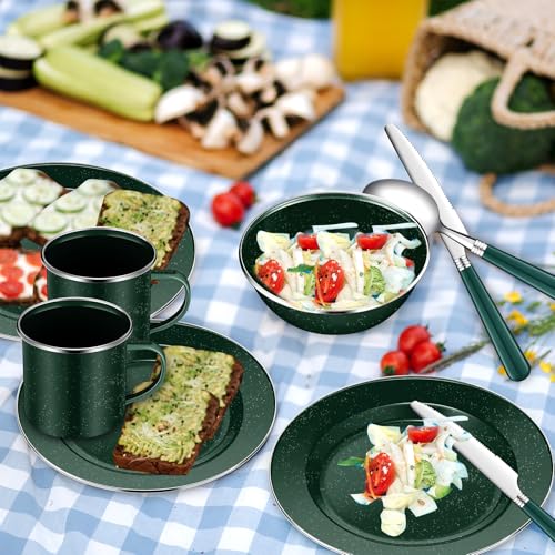 Nuogo 12 Pcs Enamel Camping Tableware Set Dinnerware Kit Includes 12 oz Coffee Mugs Camping Plates Bowls and Utensils Set with Knife Fork Spoon for 2 People Hiking Picnic Outdoor(Green)