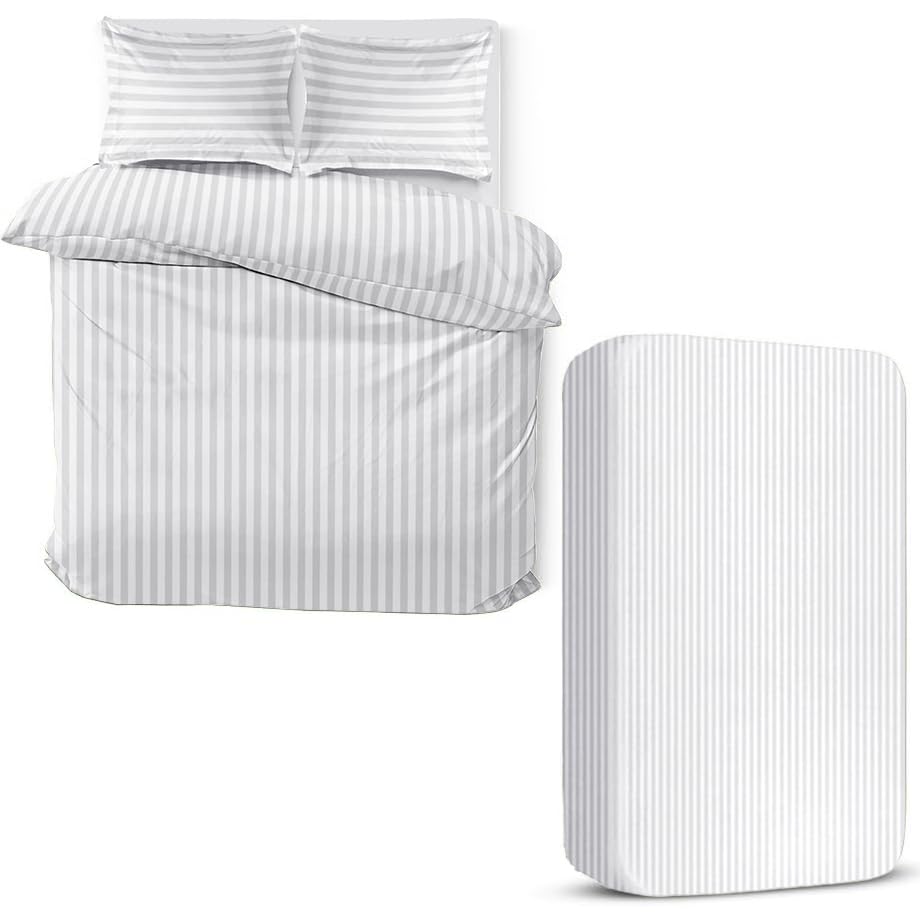 MOONLIGHT20015 4 Piece King Bedding Set Satin Stripes Duvet Cover Fitted Sheet with Pillow cases Hotel Quality Soft Brushed Microfiber White