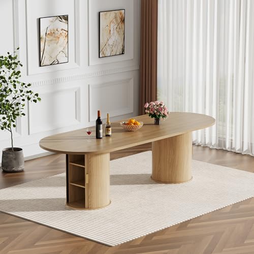 Kootlena Extendable Dining Table for 6-10 Person, 63"-94.5" Rustic Expandable Dining Room Table with Fluted Wood Base, Extra Long Oval Farmhouse Conference Kitchen Table for Living Meeting Room,Brown