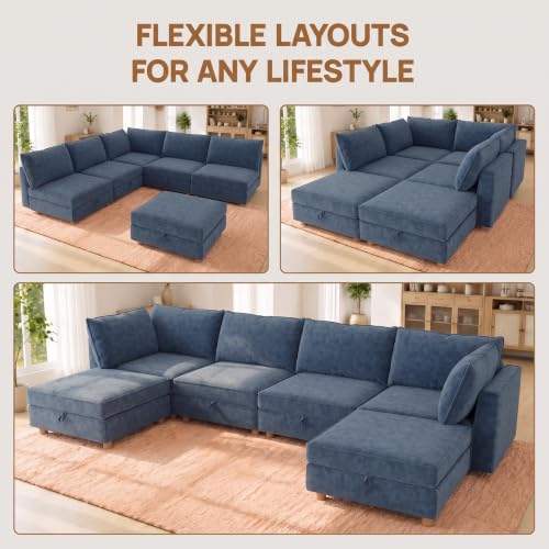 Image of 99 inch Chenille Modular Sofa Bed with Washable Covers & Storage, 6-Seater Modular Sectional Sleeper Sofa Bed with Movable Ottoman Chaise, Convertible Sleeper Sectional Couches for Living Room, Blue