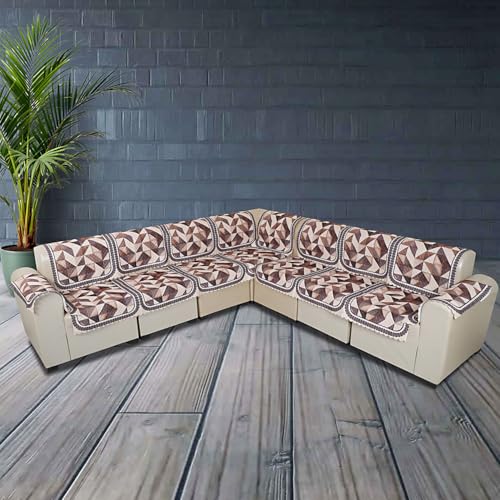Image of l Shape Sofa Cover 7 Seater | Velvet Quilted Anti-Slip Sofa Cover Protector Covers | Sofa Cover for Living Room | Sofa Slipcovers | 4+3 (L-Shape) Geometric Luxe (Brown Pattern)