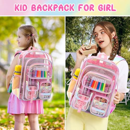 Image of Clear Backpack for School, Heavy Duty PVC Transparent Bookbag Set with Cute Accessories, Double Layer See Through Backpack for Girls Teens Adult