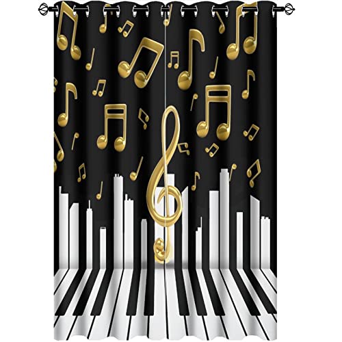 Kazynee Abstract Music Ultra Soft Premier Blackout Curtains,Black White Piano Keyboard Gold Symbols Music ThemeThermal Insulated Bedroom Noise Reducing Patio Door Grommet Top,2 Panels 63L x 21W